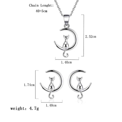 Elegant Simple Style Moon Cat Sterling Silver Plating Women's Earrings Necklace