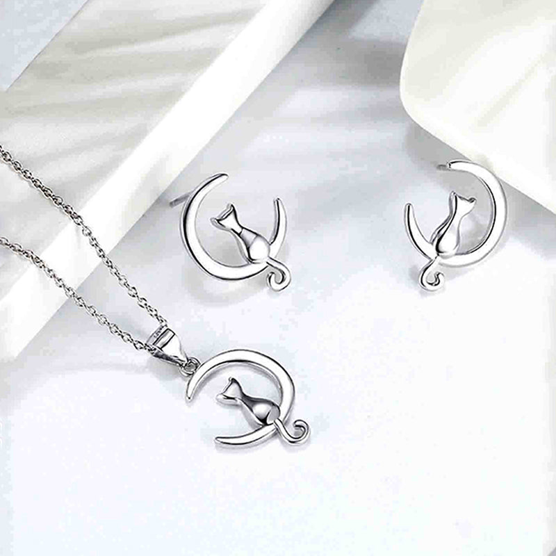 Elegant Simple Style Moon Cat Sterling Silver Plating Women's Earrings Necklace