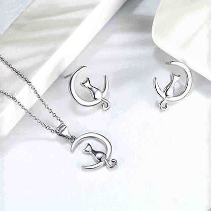 Elegant Simple Style Moon Cat Sterling Silver Plating Women's Earrings Necklace