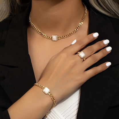 Luxurious Shiny Square Ferroalloy Plating Inlay Rhinestones 14k Gold Plated Women's Rings Bracelets Necklace