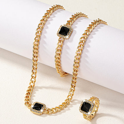 Luxurious Shiny Square Ferroalloy Plating Inlay Rhinestones 14k Gold Plated Women's Rings Bracelets Necklace