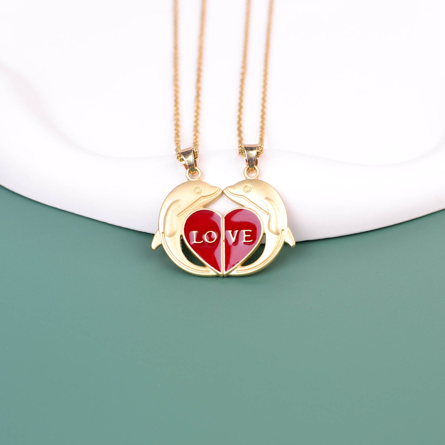 Romantic Letter Dolphin Heart Shape Alloy Enamel Plating Couple Pendant Necklace