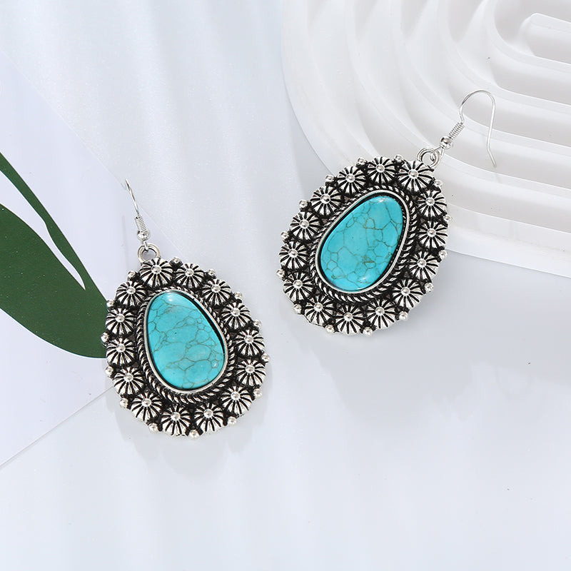 1 Pair Vintage Style Classic Style Geometric Plating Inlay Alloy Turquoise Silver Plated Drop Earrings