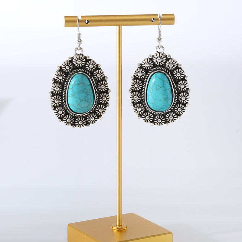 1 Pair Vintage Style Classic Style Geometric Plating Inlay Alloy Turquoise Silver Plated Drop Earrings