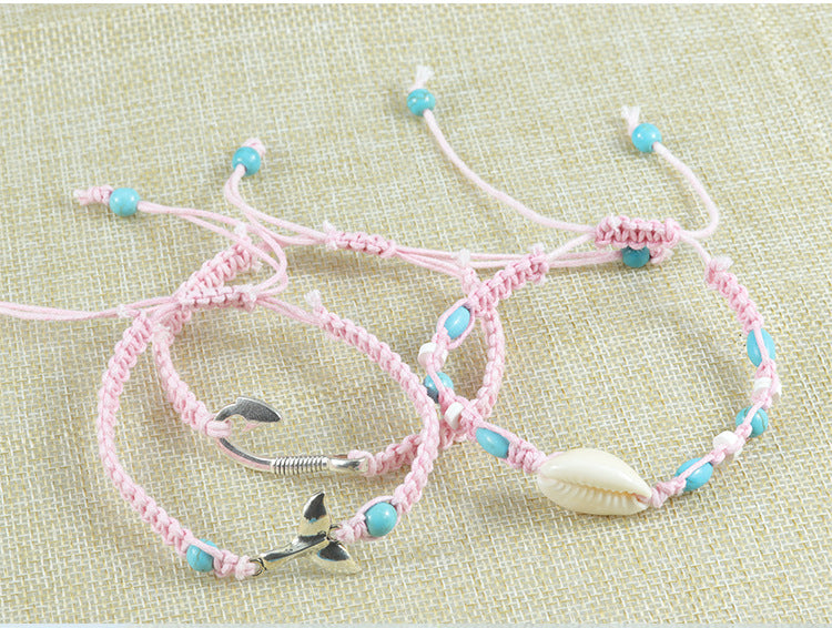 Marine Style Shell Fish Tail Fishhook Rope Knitting Unisex Drawstring Bracelets