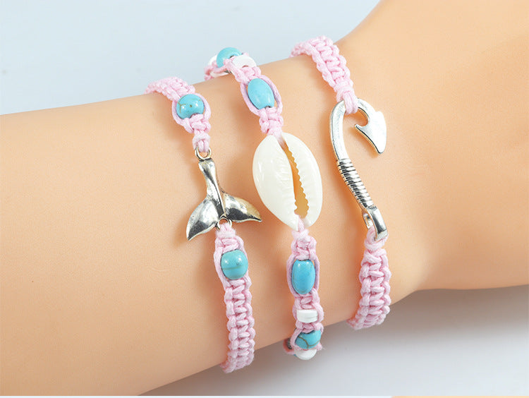 Marine Style Shell Fish Tail Fishhook Rope Knitting Unisex Drawstring Bracelets