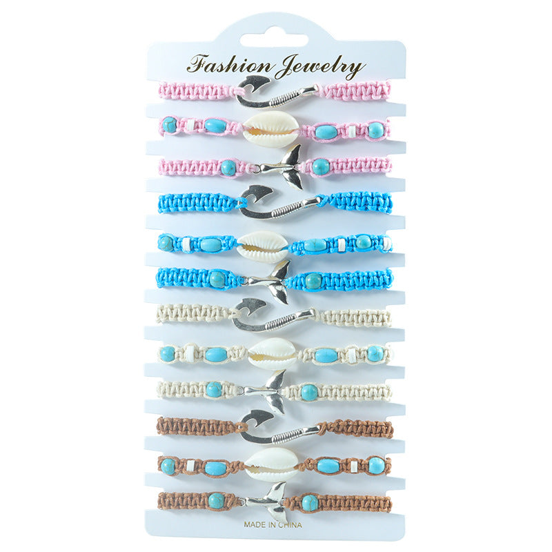 Marine Style Shell Fish Tail Fishhook Rope Knitting Unisex Drawstring Bracelets