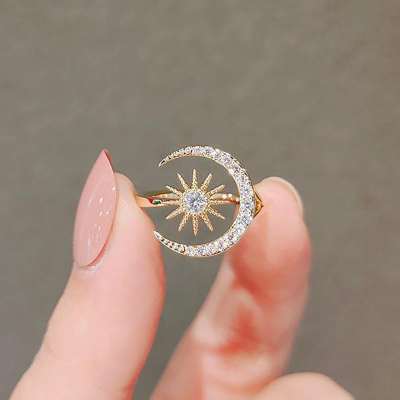 Shiny Star Moon Copper Inlay Zircon Open Rings