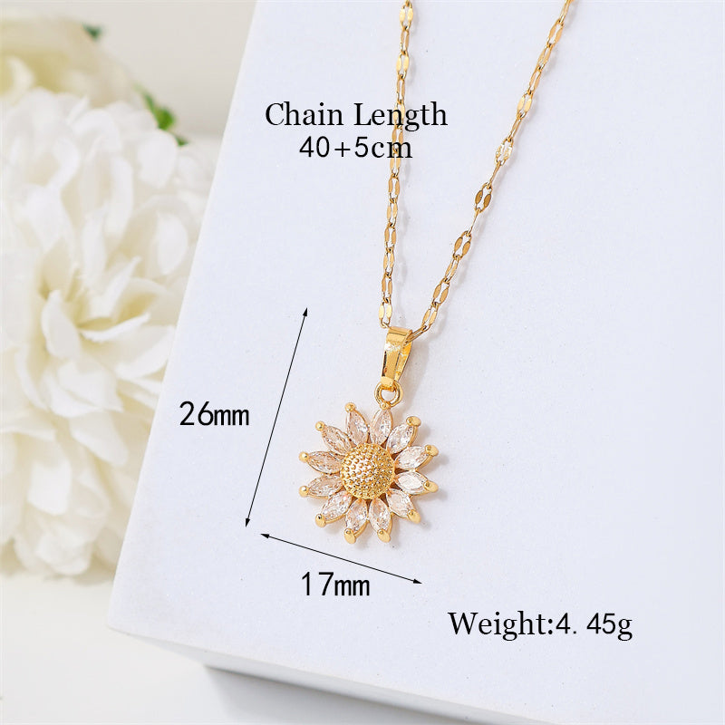 Simple Style Flower Stainless Steel Titanium Steel Plating Inlay Zircon 18k Gold Plated Pendant Necklace