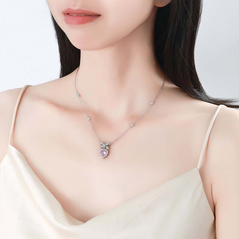 Princess Heart Shape Bow Knot Sterling Silver Plating Inlay Zircon White Gold Plated Pendant Necklace