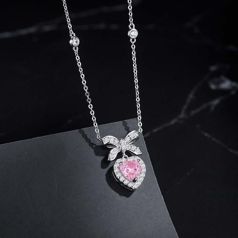 Princess Heart Shape Bow Knot Sterling Silver Plating Inlay Zircon White Gold Plated Pendant Necklace