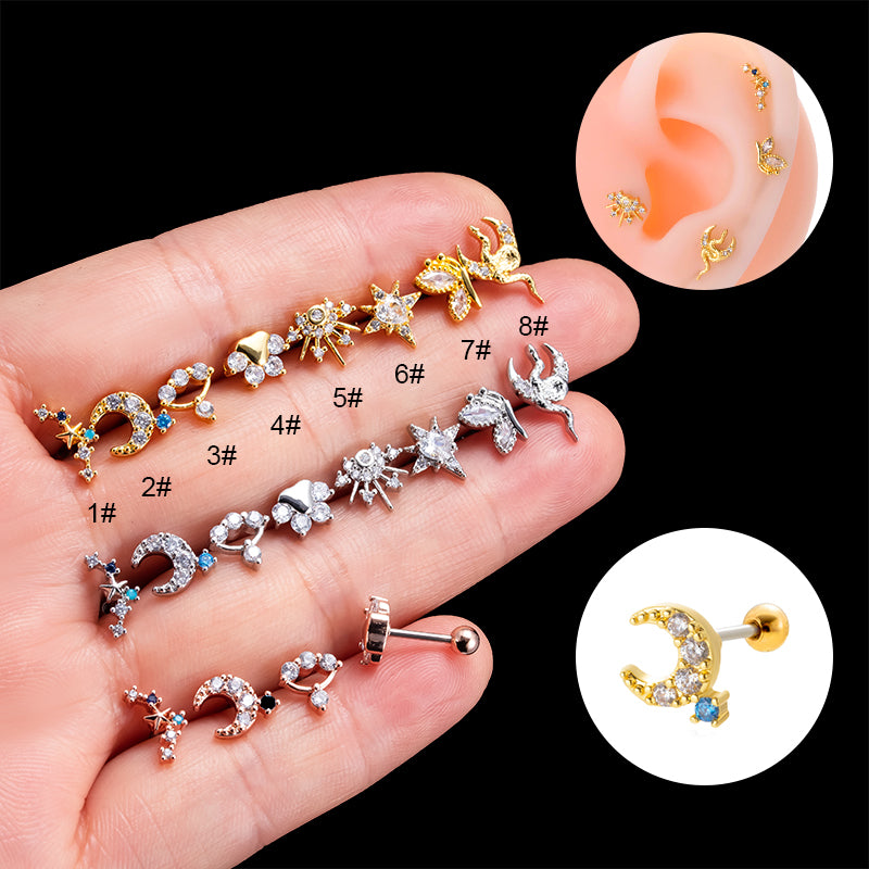 1 Piece Simple Style Classic Style Star Moon Butterfly Plating Inlay Stainless Steel Zircon 18k Gold Plated Ear Studs