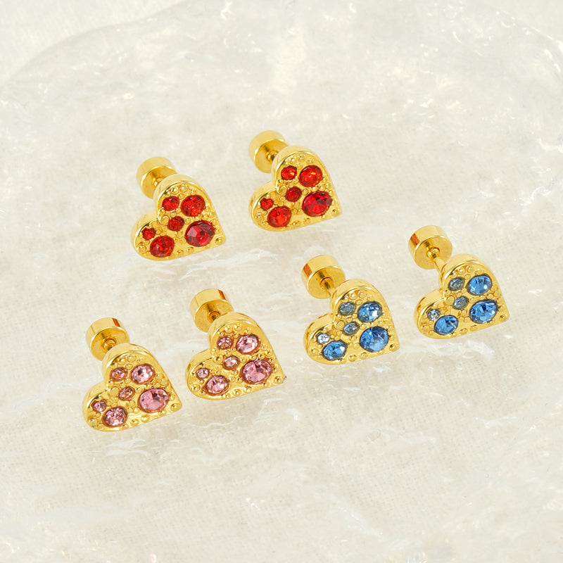 1 Pair Simple Style Heart Shape Polishing Plating Inlay Stainless Steel Rhinestones Zircon 18k Gold Plated Ear Studs