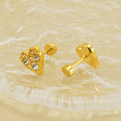 1 Pair Simple Style Heart Shape Polishing Plating Inlay Stainless Steel Rhinestones Zircon 18k Gold Plated Ear Studs