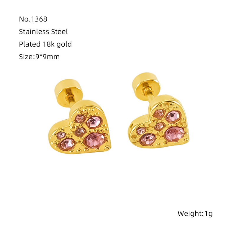 1 Pair Simple Style Heart Shape Polishing Plating Inlay Stainless Steel Rhinestones Zircon 18k Gold Plated Ear Studs