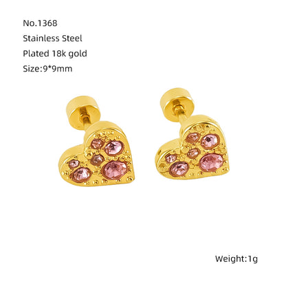 1 Pair Simple Style Heart Shape Polishing Plating Inlay Stainless Steel Rhinestones Zircon 18k Gold Plated Ear Studs