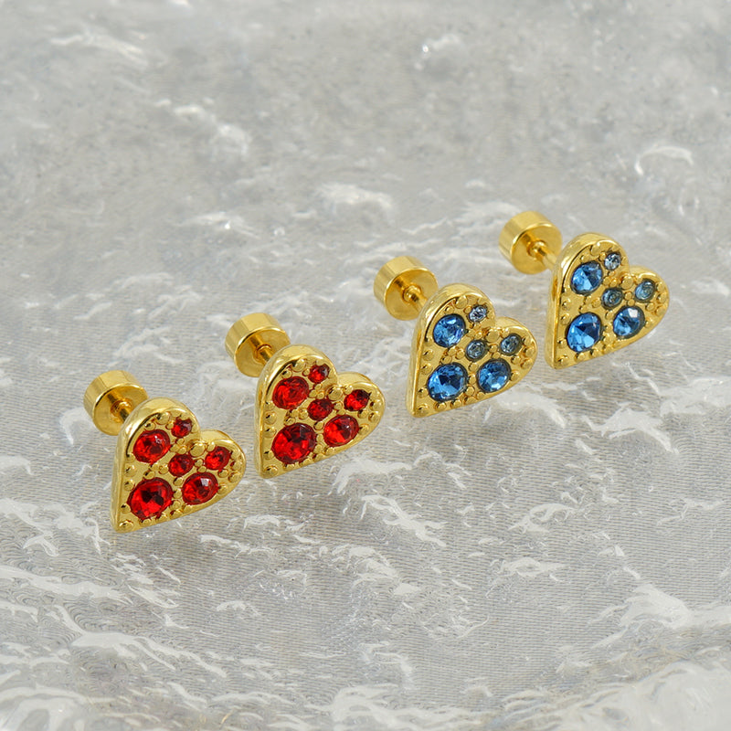 1 Pair Simple Style Heart Shape Polishing Plating Inlay Stainless Steel Rhinestones Zircon 18k Gold Plated Ear Studs