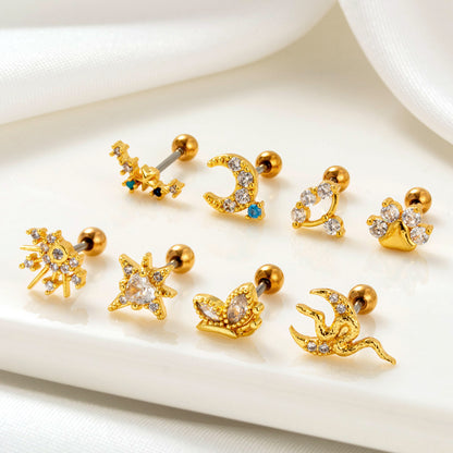 1 Piece Simple Style Classic Style Star Moon Butterfly Plating Inlay Stainless Steel Zircon 18k Gold Plated Ear Studs