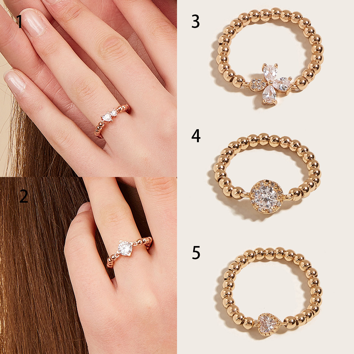 Cute Sweet Simple Style Four Leaf Clover Heart Shape Copper Zircon Adjustable Ring