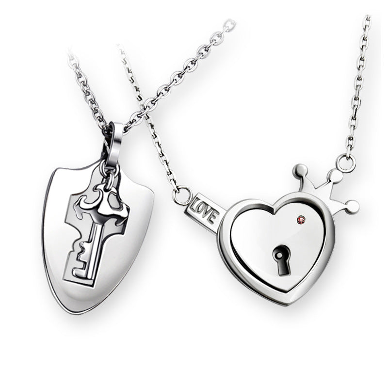 Romantic Simple Style Heart Shape Key Lock Titanium Steel Pendant Necklace