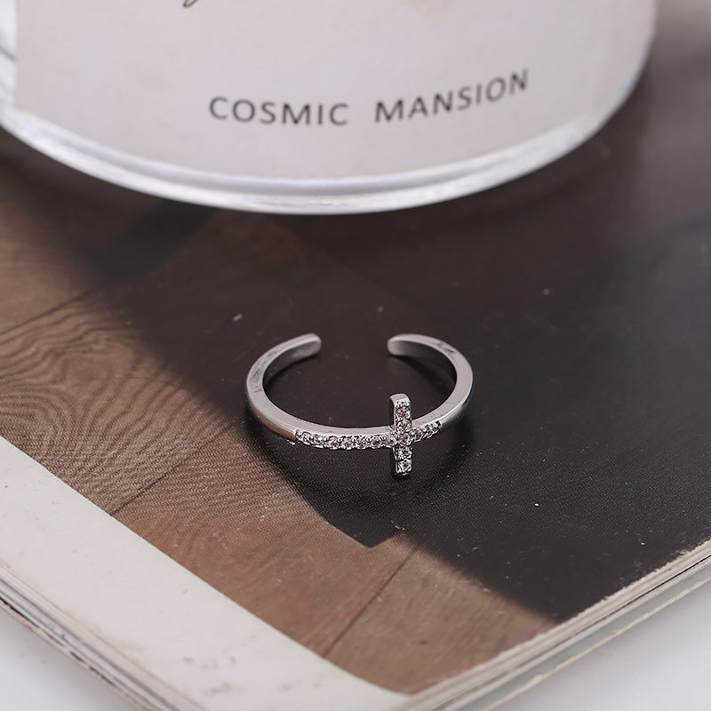 Simple Style Cross Copper Plating Inlay Zircon Open Rings