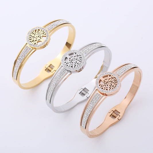 Classic Style Life Tree Stainless Steel Rhinestones 18k Gold Plated Bangle