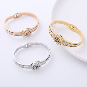 Classic Style Life Tree Stainless Steel Rhinestones 18k Gold Plated Bangle