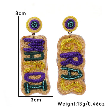 1 Pair Embroidery Letter Asymmetrical Embroidery Cloth Glass Drop Earrings