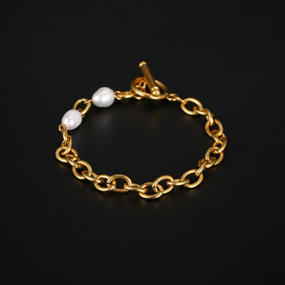 Ig Style Elegant Simple Style Color Block Stainless Steel Freshwater Pearl Beaded Plating 18k Gold Plated Bracelets