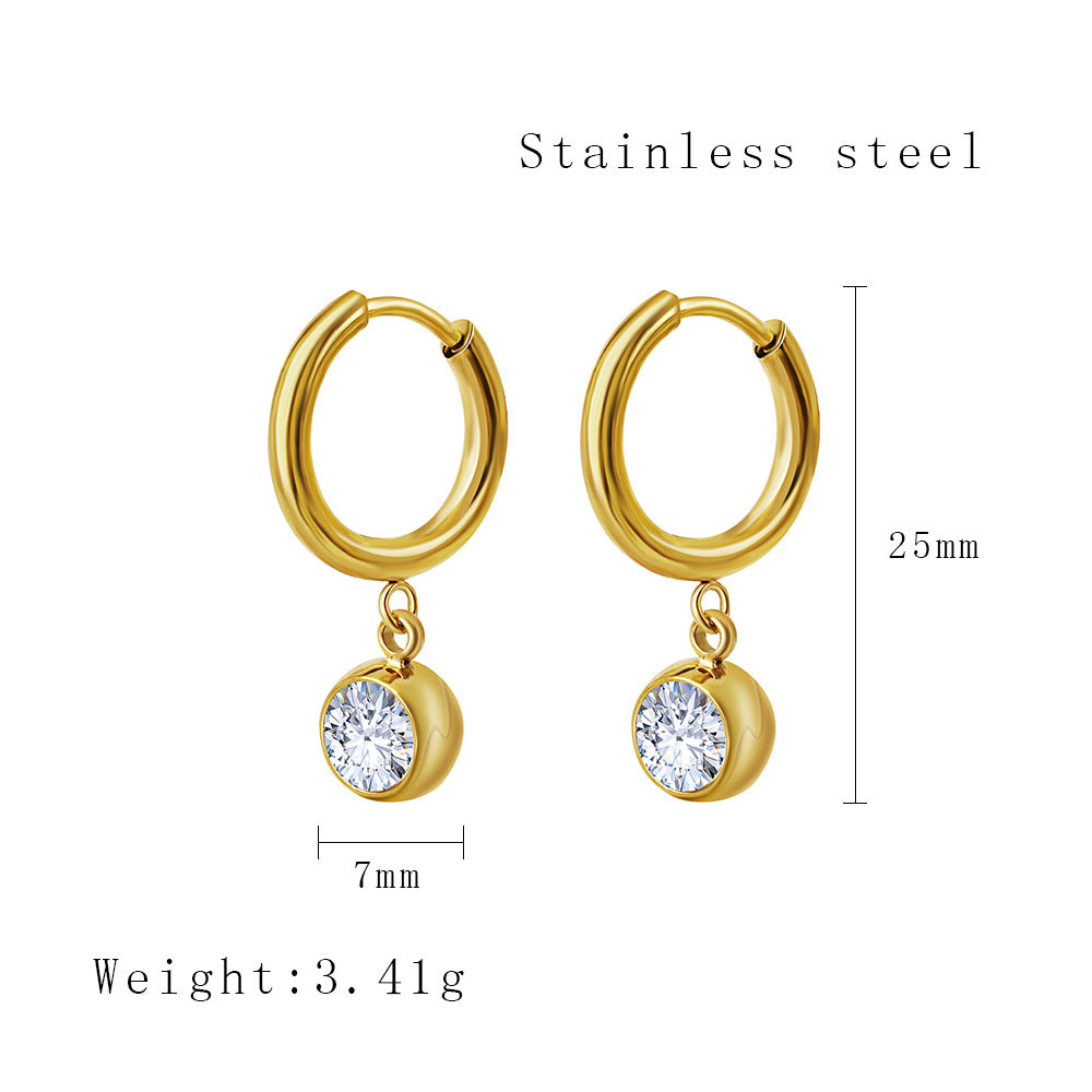 1 Pair Simple Style Round Plating Inlay Titanium Steel Rhinestones Drop Earrings