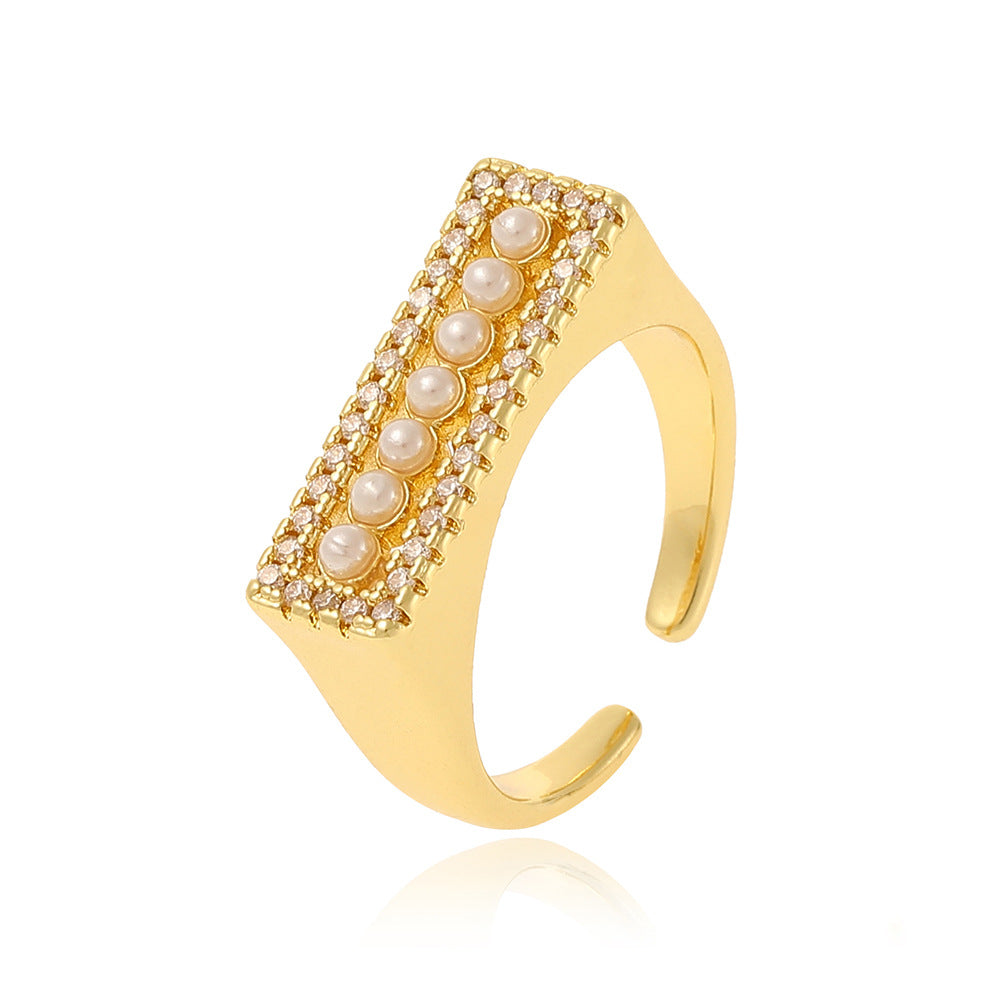 Simple Style Solid Color Copper Plating Inlay Artificial Pearls Zircon Open Rings