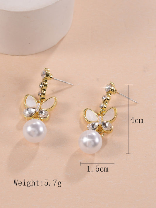 1 Pair Elegant Classic Style Shiny Butterfly Inlay Copper Rhinestones Pearl Drop Earrings