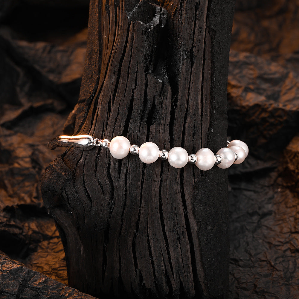 Casual Round Freshwater Pearl Sterling Silver Beaded Plating White Gold Plated Bracelets