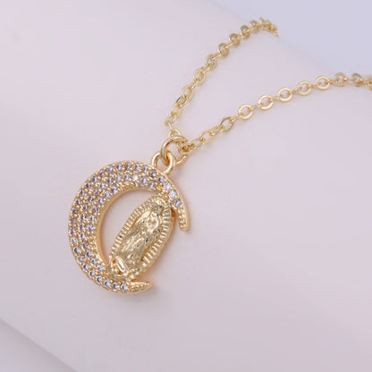 Ig Style Shiny Virgin Mary Moon Copper Plating Inlay Zircon 18k Gold Plated Pendant Necklace