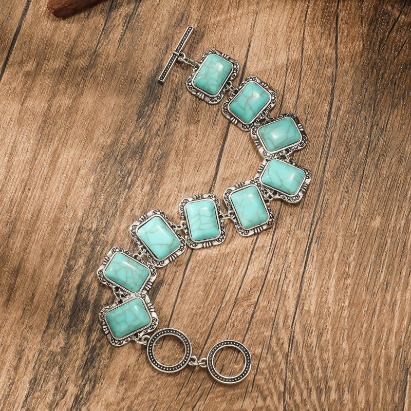 Retro Rectangle Alloy Toggle Plating Inlay Turquoise Bracelets