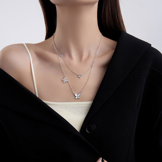Simple Style Commute Butterfly Sterling Silver Plating Inlay Shell White Gold Plated Layered Necklaces