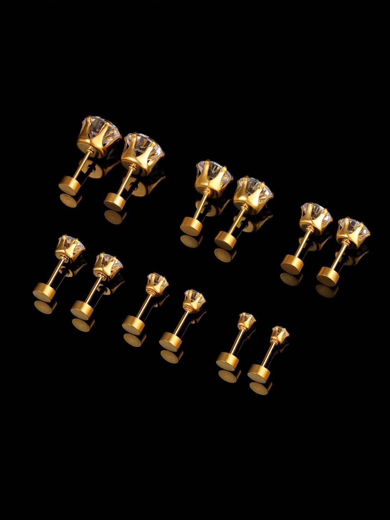 6 Pairs Casual Elegant Round Inlay Stainless Steel Zircon Gold Plated Ear Studs