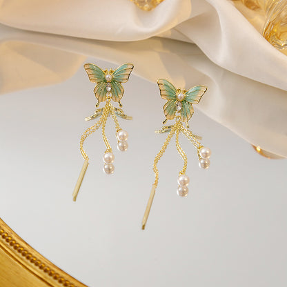 1 Pair Sweet Simple Style Butterfly Tassel Pearl Alloy Drop Earrings