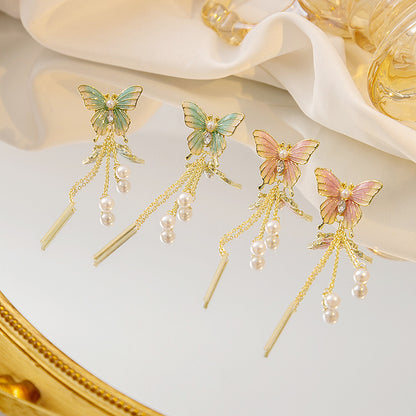 1 Pair Sweet Simple Style Butterfly Tassel Pearl Alloy Drop Earrings