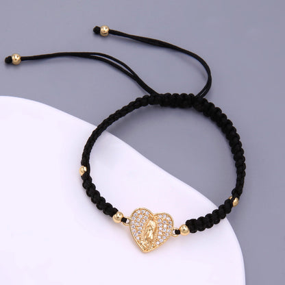 Glam Simple Style Virgin Mary Heart Shape Rope Copper Knitting Plating Inlay Zircon 18k Gold Plated Women's Drawstring Bracelets