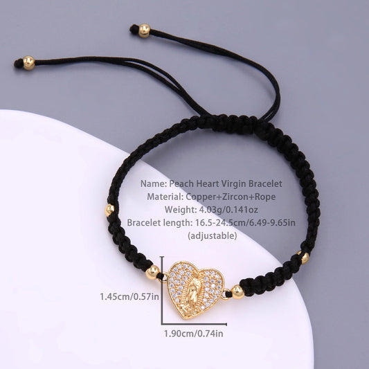 Glam Simple Style Virgin Mary Heart Shape Rope Copper Knitting Plating Inlay Zircon 18k Gold Plated Women's Drawstring Bracelets