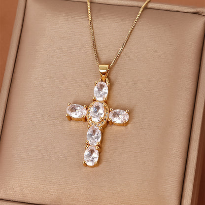 Casual Streetwear Cross Copper Inlay Zircon Pendant Necklace