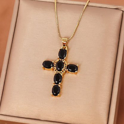 Casual Streetwear Cross Copper Inlay Zircon Pendant Necklace