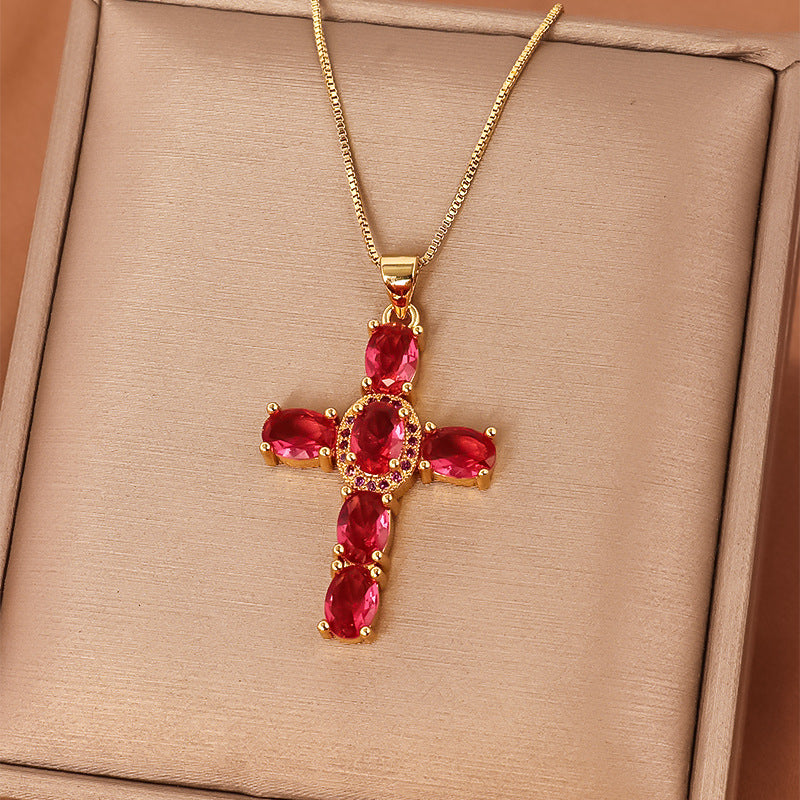 Casual Streetwear Cross Copper Inlay Zircon Pendant Necklace