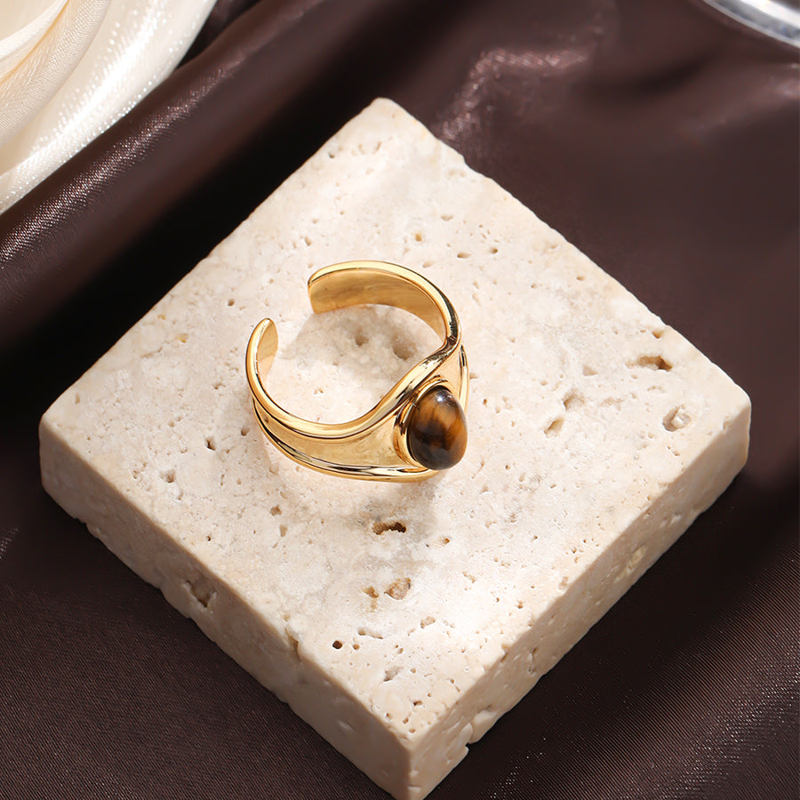 Elegant Color Block Copper Plating Inlay Natural Stone 18k Gold Plated Open Rings