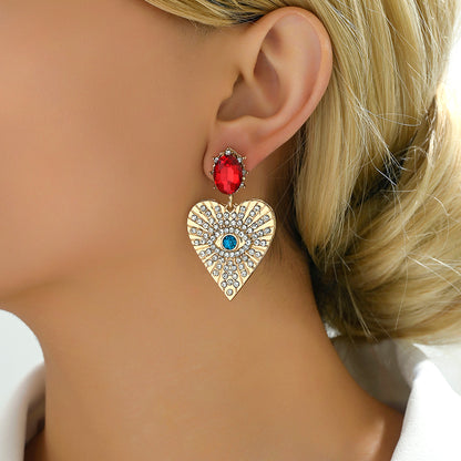 1 Pair Exaggerated Devil's Eye Heart Shape Inlay Alloy Rhinestones Drop Earrings