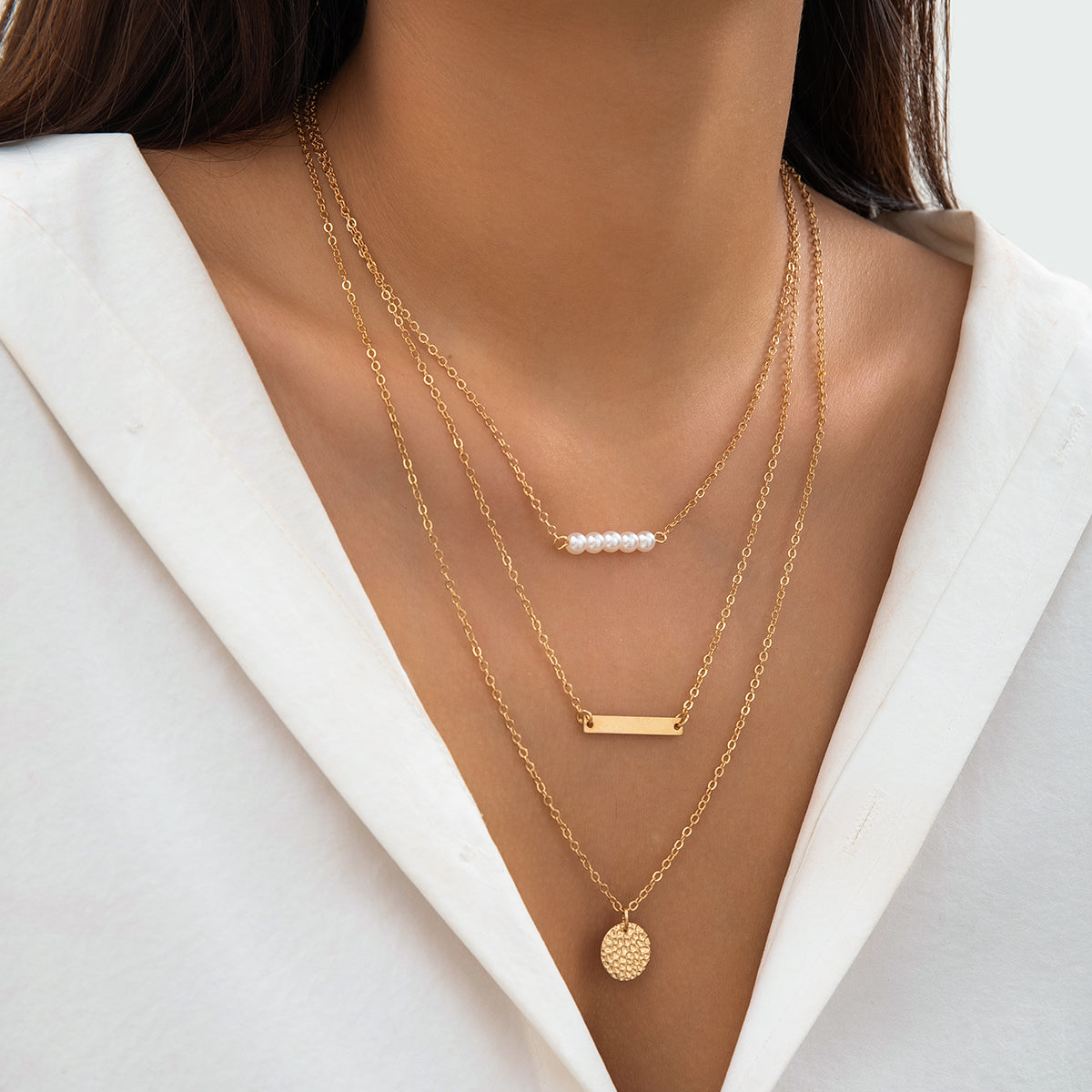 Simple Style Round Rectangle Imitation Pearl Alloy Copper Chain Women's Layered Necklaces