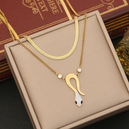 Commute Snake Stainless Steel Inlay Artificial Diamond Layered Necklaces