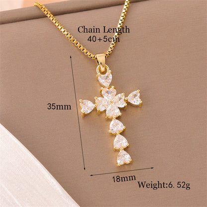 Sweet Cross Little Bear Flower Stainless Steel Enamel Plating Inlay Artificial Diamond 18k Gold Plated Pendant Necklace