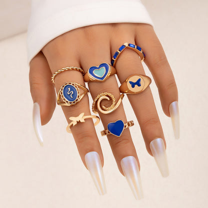 European And American Jewelry Brown Heart Drop Oil Ring Six-piece Geometric Flower Ring Set